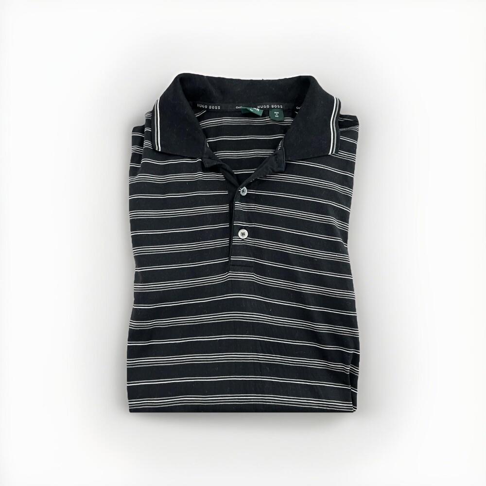 HUGO BOSS MENS GOLF POLO SHIRT LARGE MADE IN ITALY BLACK W STRIPES VGC!